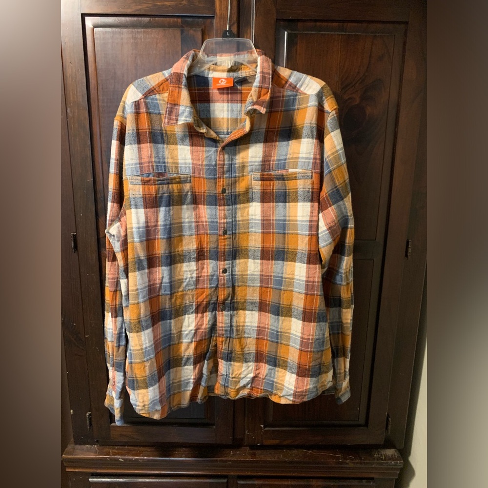 Merrell Flannel Shirt Mens Xxl Plaid Yellowstone Orange Blue Thanksgiving fall